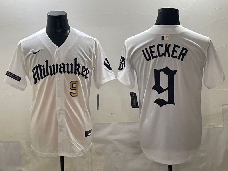 Men 2025 Milwaukee Brewers #9 Uecker White Five generations Joint Name Nike MLB Jersey style 06->milwaukee brewers->MLB Jersey